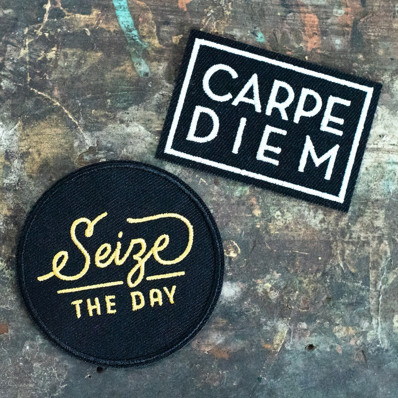 Carpe Diem Seize the Day embroidered iron on or sew on patch gift set