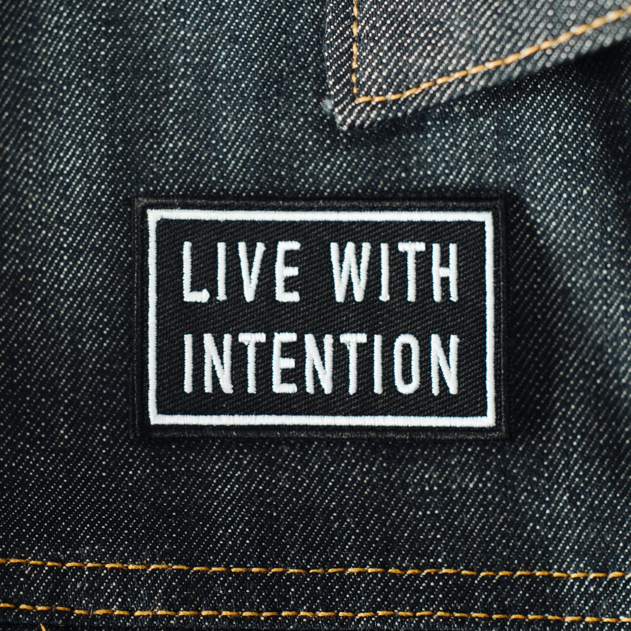 Live with Intention iron on embroidered patch on denim blue jean jacket