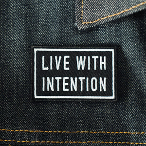 Live with Intention iron on embroidered patch on denim blue jean jacket