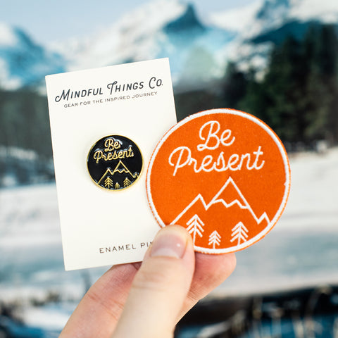 Be present mindfulness iron on patch and and enamel pin gift set
