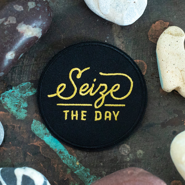 Seize the Day embroidered jacket patch. Latin translation is Carpe Diem