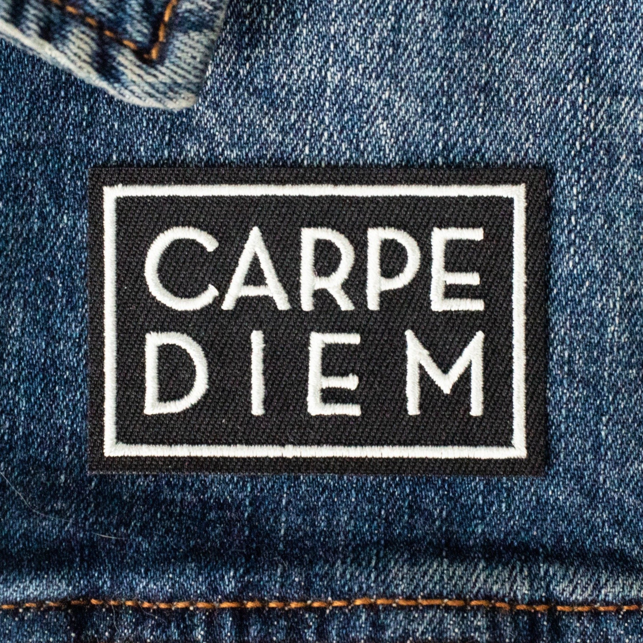 Carpe Diem embroidered iron on or sew on patch. Latin for seize the day this patch will motivate and inspire you. 