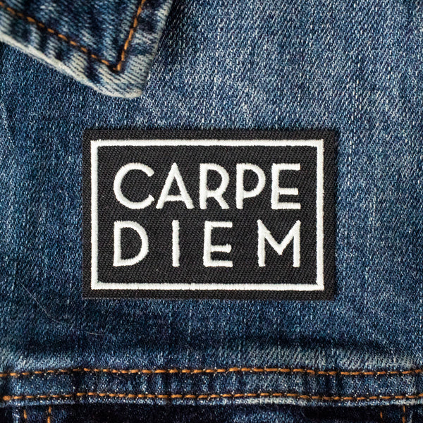 Carpe Diem which is latin for Seize the Day embroidered iron on jacket patch