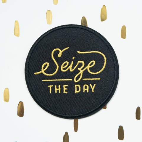Seize the day motivational embroidered iron on patch. Latin term is Carpe Diem