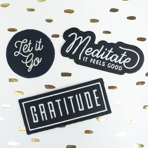 mindfulness gift set embroidered patches including let it go, meditate, and gratitude patches