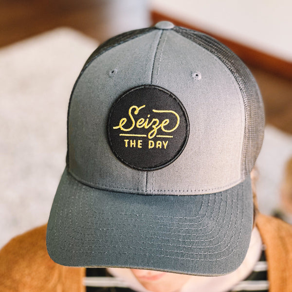 Seize the day trucker style baseball hat snapback in charcoal grey