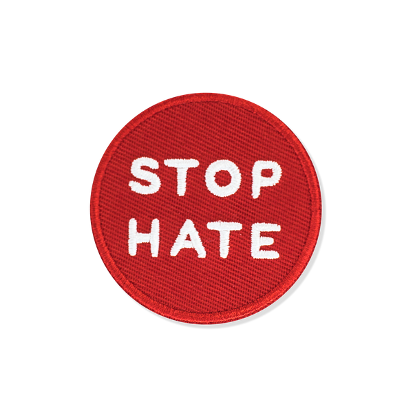 Stop Hate embroidered iron on patch red round 2 inches