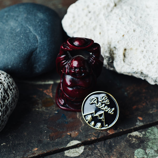 be present mindful enamel pin with rocks and buddha 