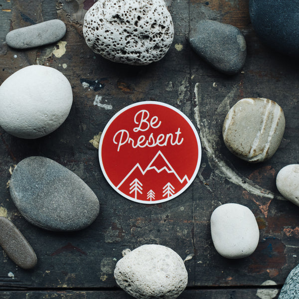 be present mindfulness meditation vinyl sticker in white and red 